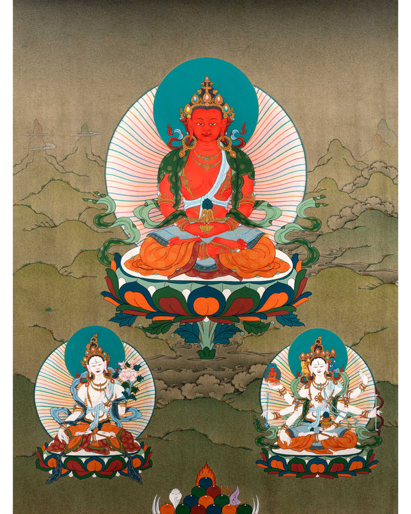 Himalayan Amitayus Long Life Practice Thangka | Buddha Amitayus With White Tara and Namgyalma