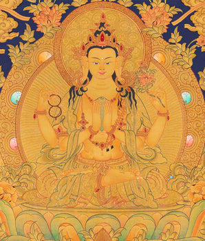 Gold Style Avalokitesvara Chengrezig | Bodhisattva Thangka | Wall Decors