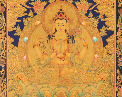 Gold Style Avalokitesvara Chengrezig | Bodhisattva Thangka | Wall Decors