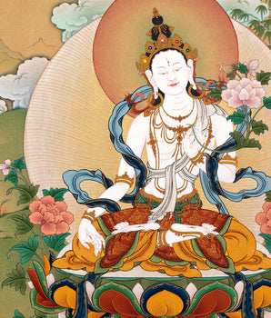 White Tara with Namgyalma, Amitayus Buddha | Treasure Bodhisattva | Tibetan Thangka