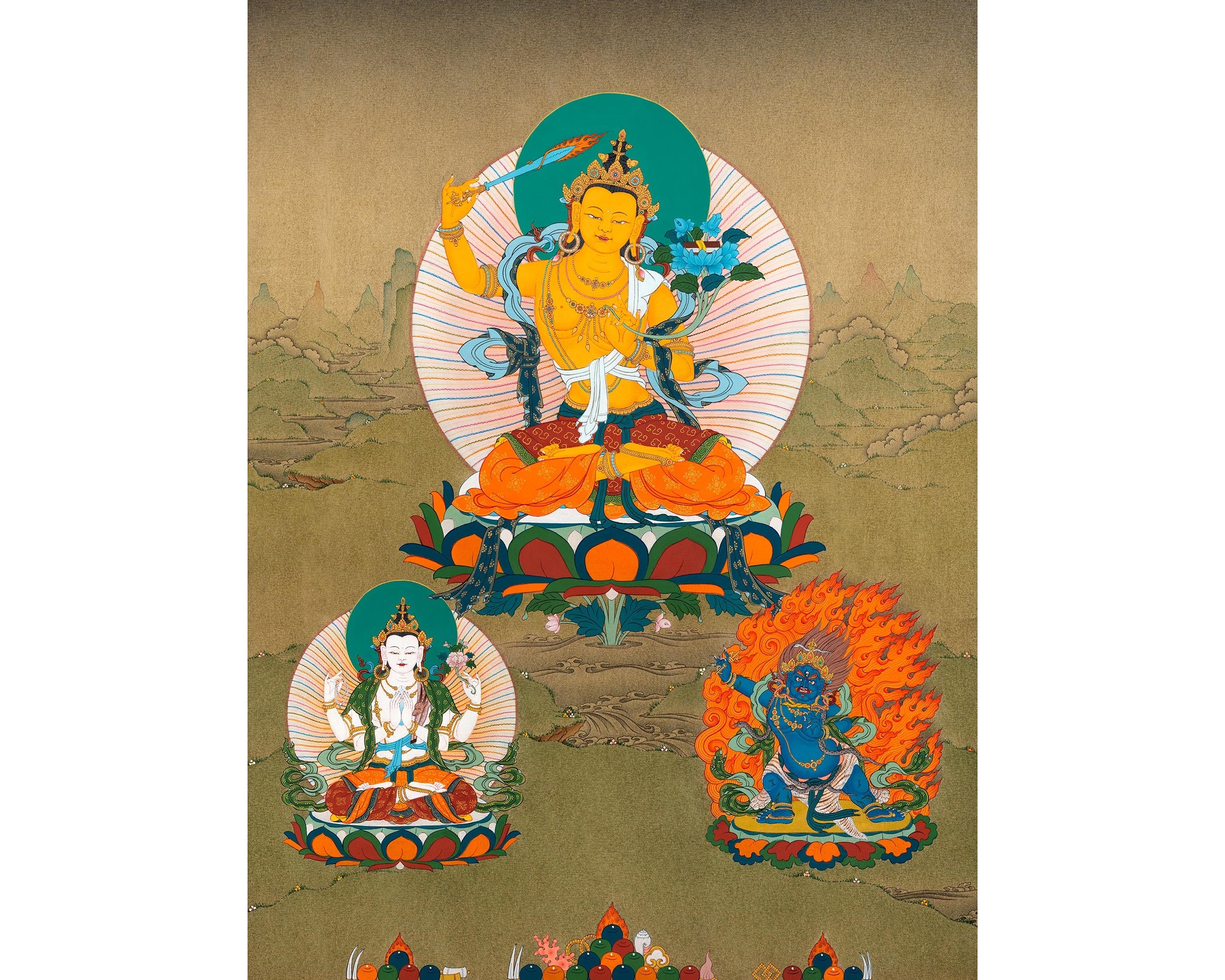 Manjushree Thangka | Manjushri With Others | Tibetan Thangka Painting