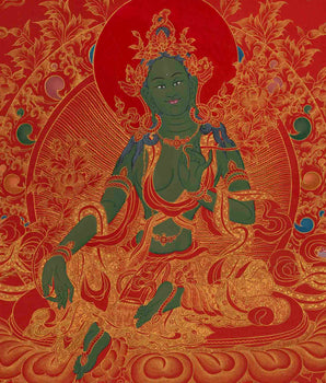 24K Gold Green Tara Thangka | Traditional Tibetan Painting | Wall Decors