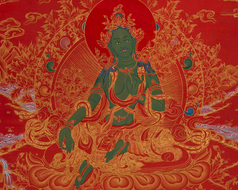 24K Gold Green Tara Thangka | Traditional Tibetan Painting | Wall Decors