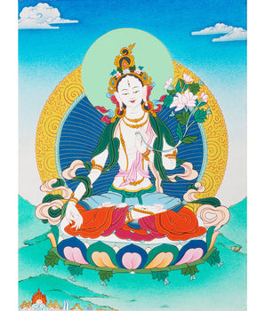 White Tara Thangka | Himalayan Painting (with Brocade)