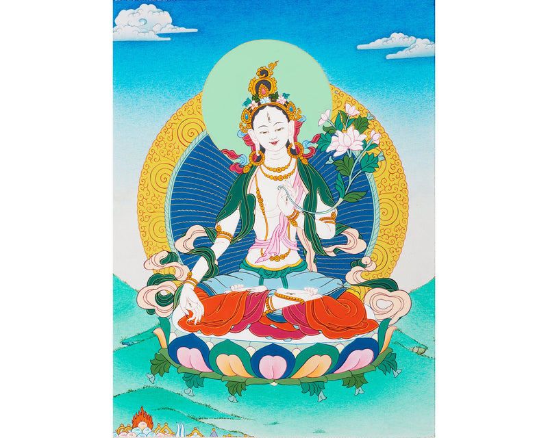 White Tara Thangka | Himalayan Painting (with Brocade)