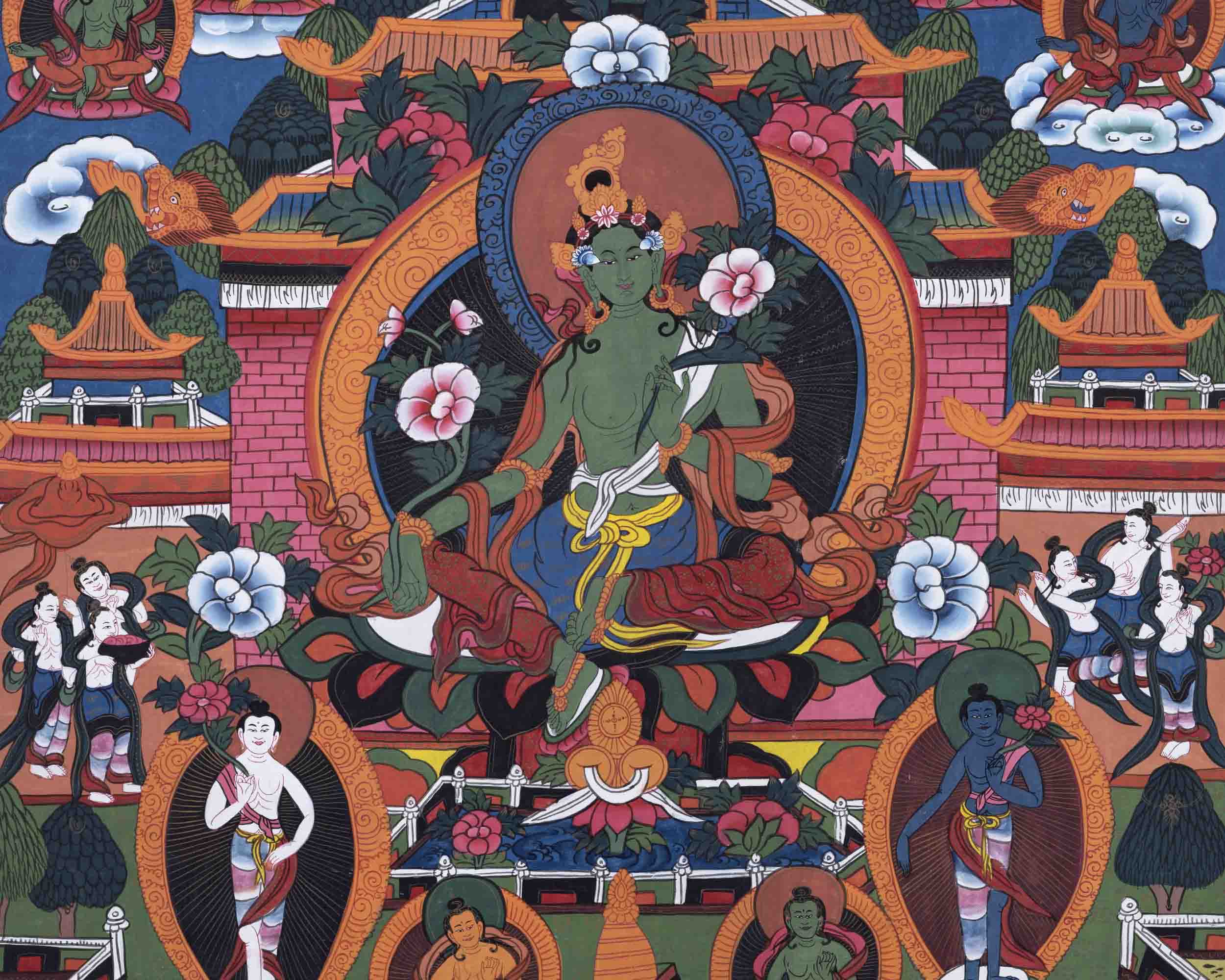 Green Tara Thangka | Religious Buddhist Painting | Wall Decors