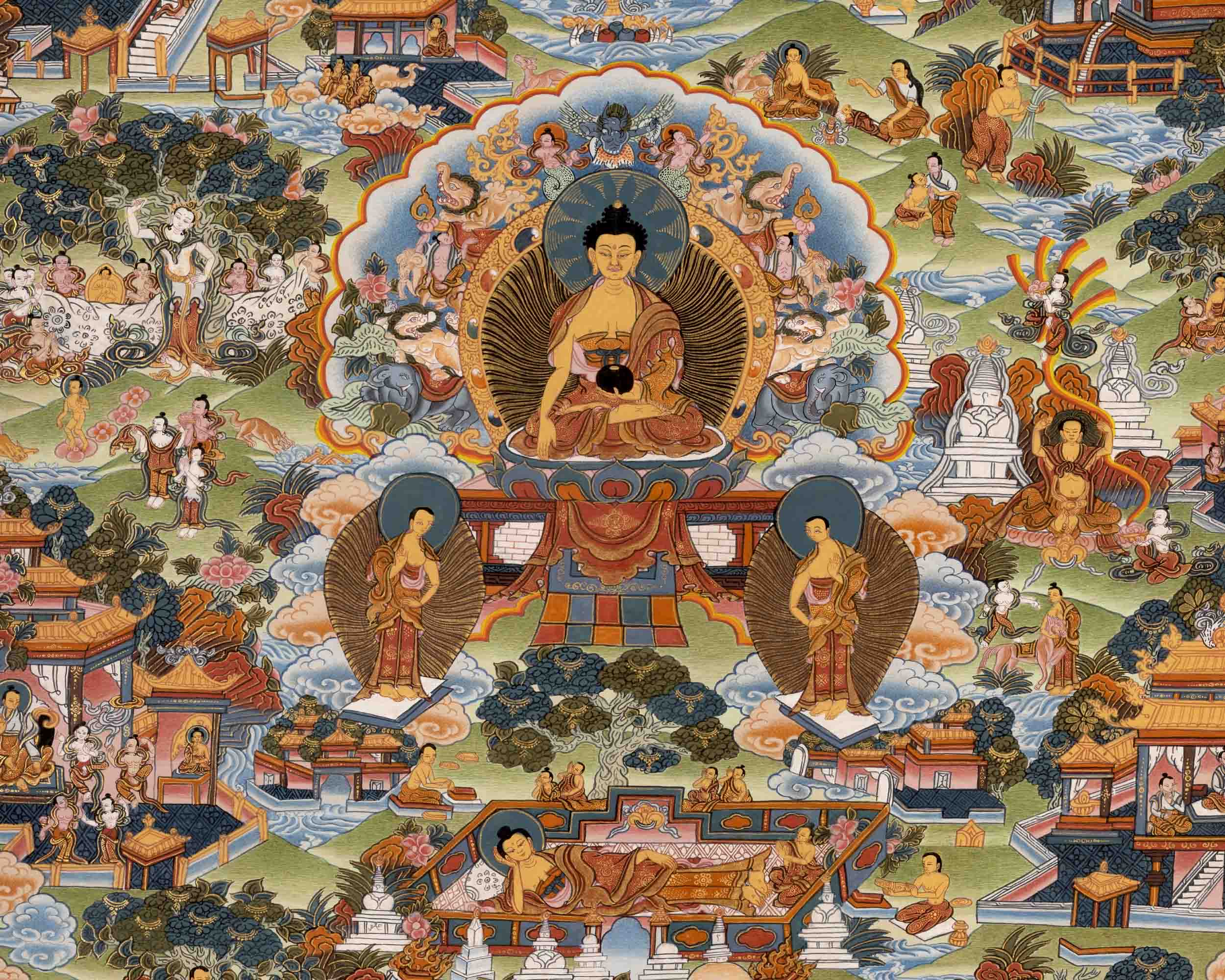 Buddha life Story Vintage Thangka | Religious Buddhist Art | Wall Decors