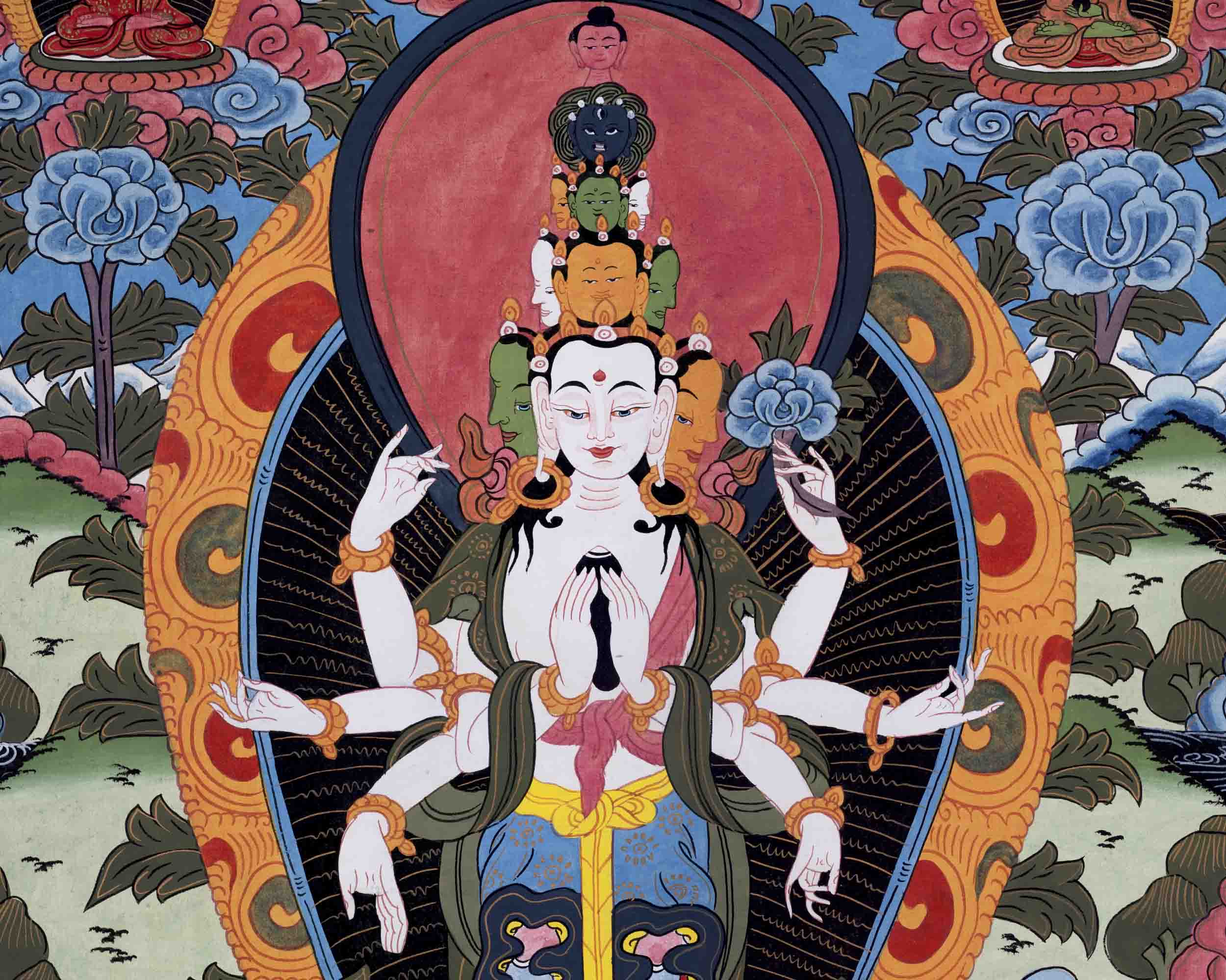 Old Avalokiteshvara Thangka | Followed By Mahakala & Bodhisattvas | Wall Decors