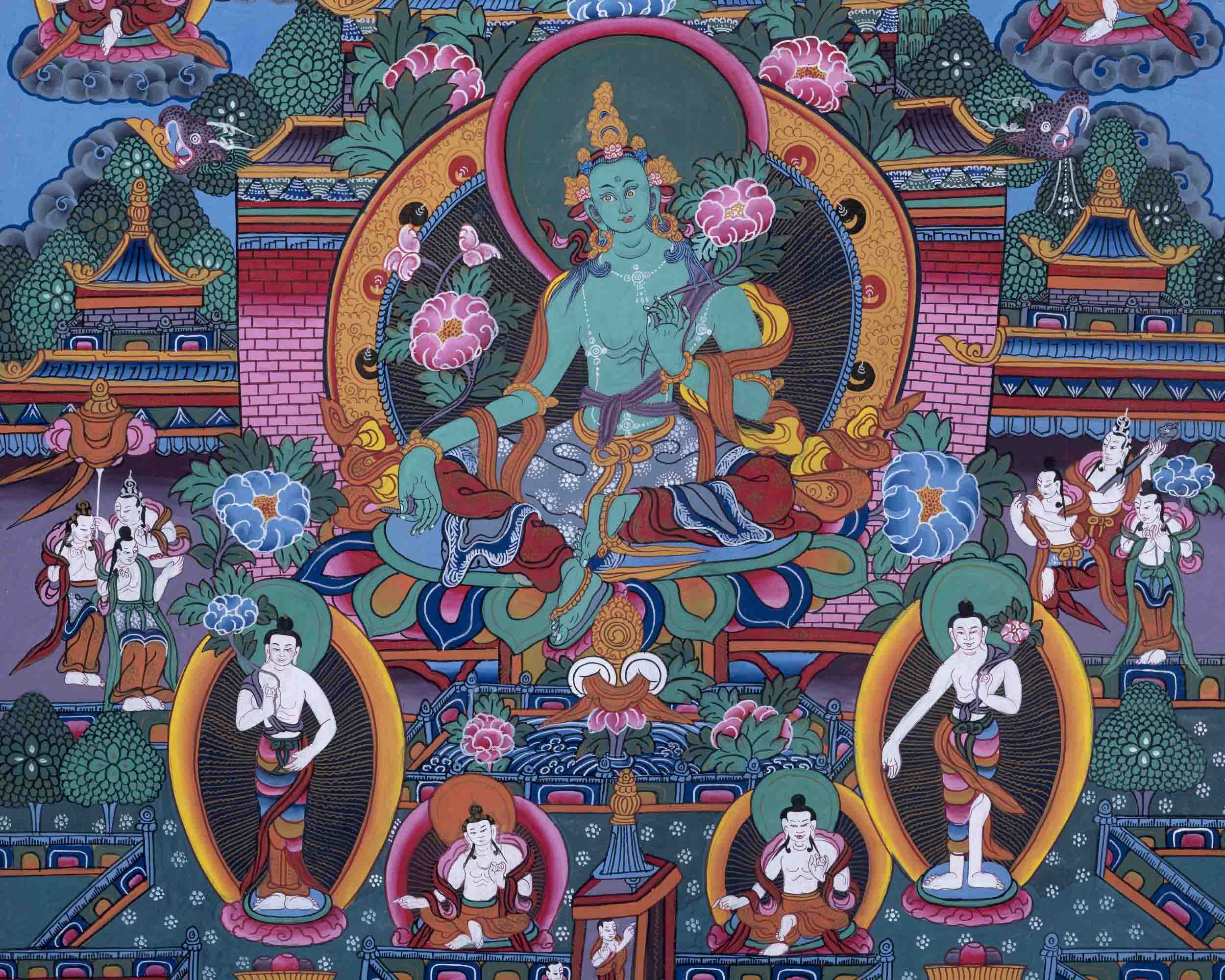 Old Green Tara Thangka | Traditional Handpainted Artwork | Wall Decors