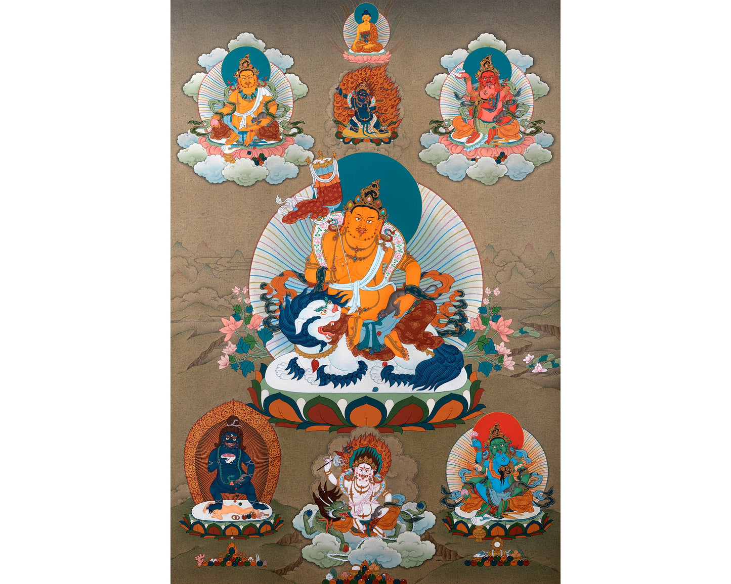 Five Jambhala Thangka | Buddhist Wealth Deities