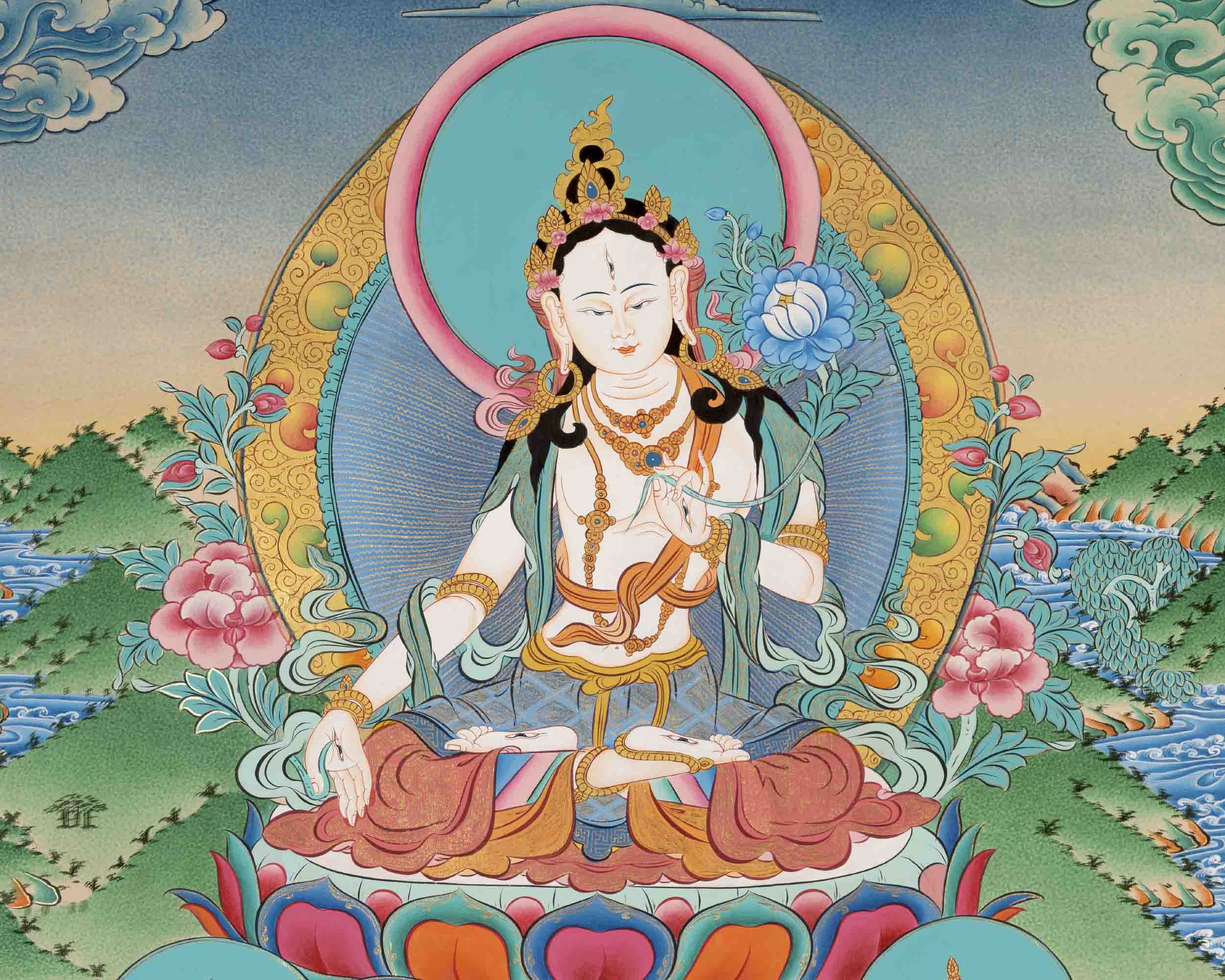White Tara Thangka Painting | Religious Buddhist Art | Wall Decors
