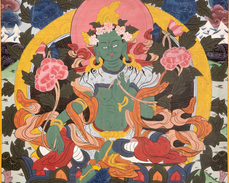 Rare Green Tara Thangka  | Vintage Tibetan Wall Decor