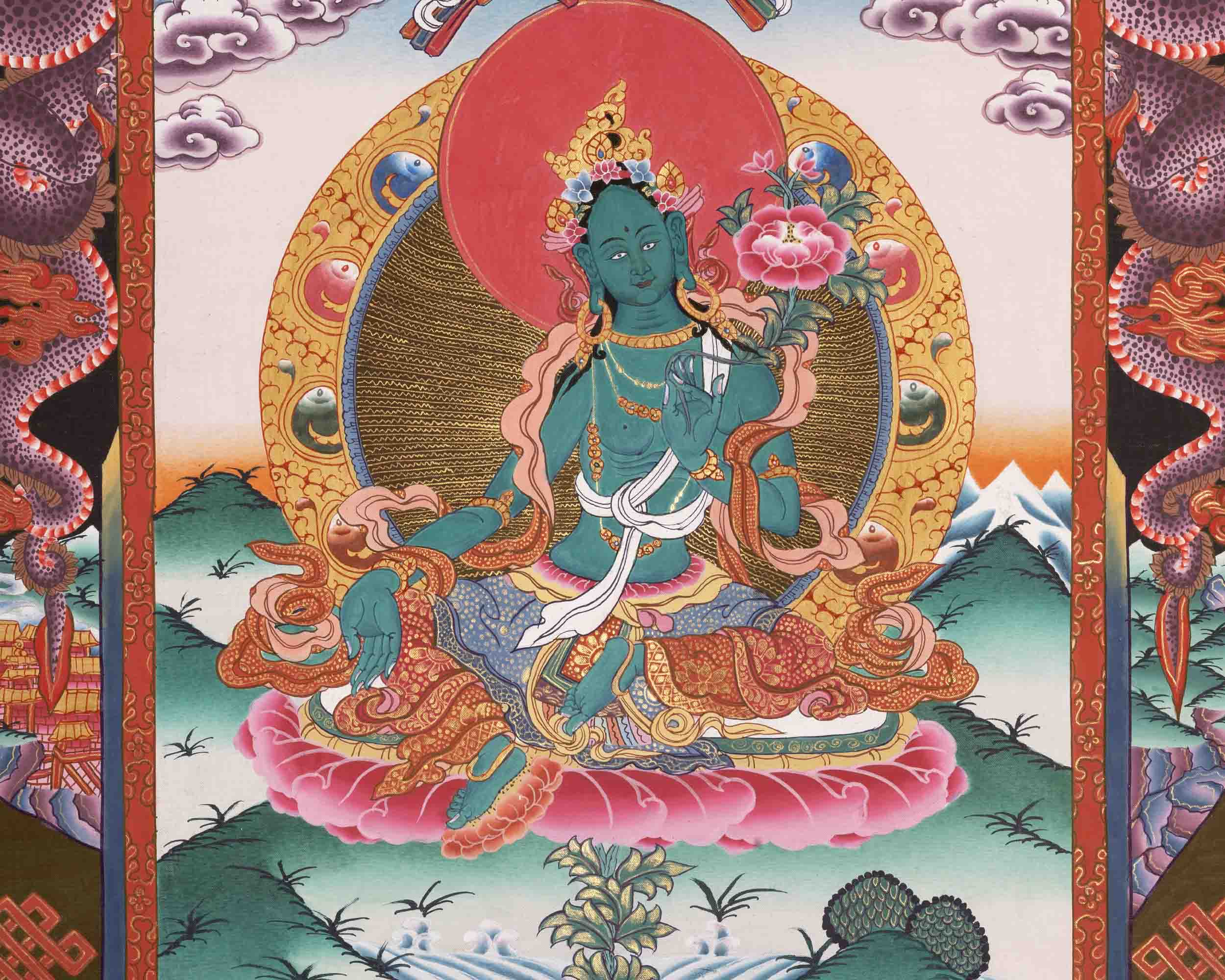 Green Tara Thangka | Religious Buddhist Art | Wall Decors