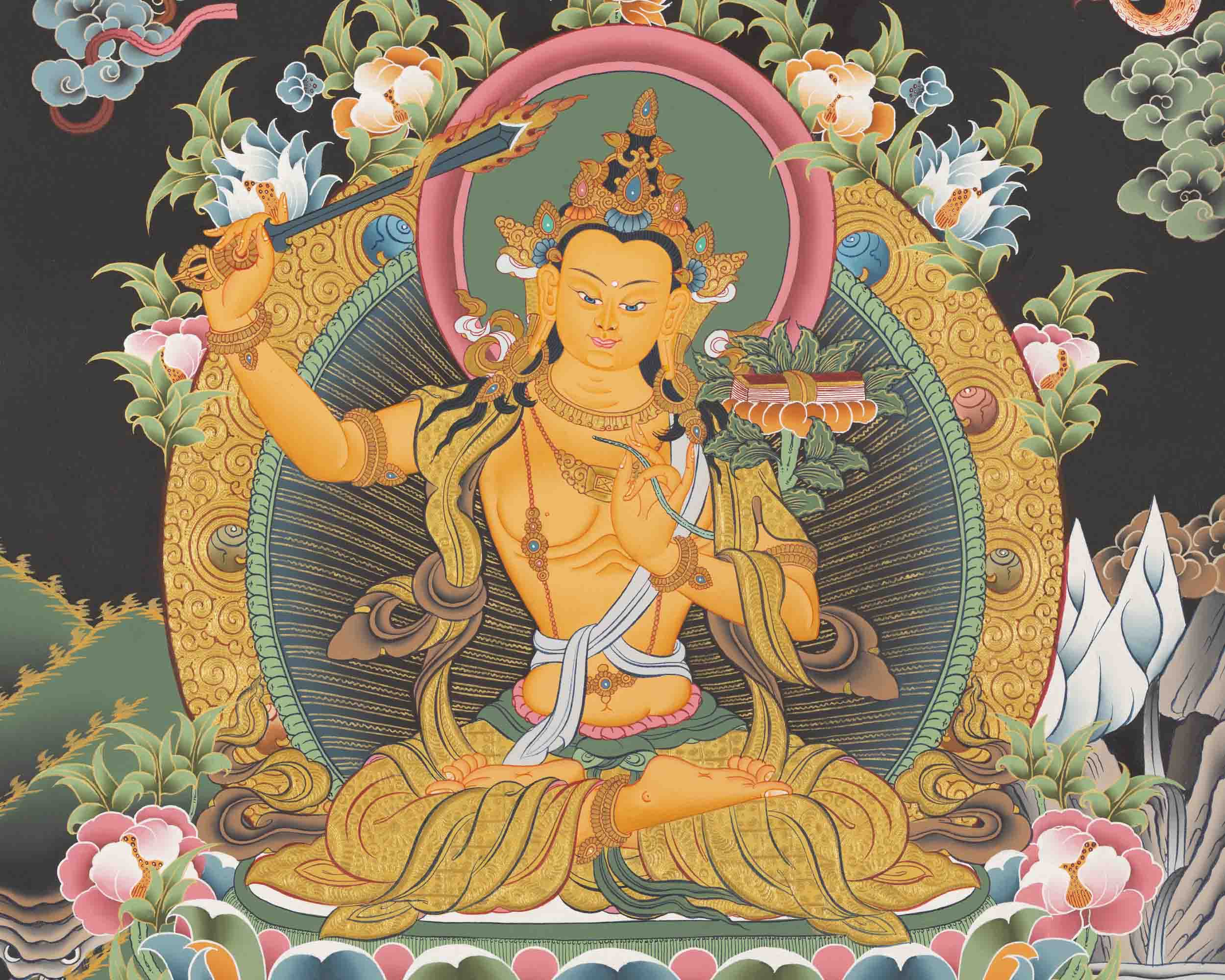 Manjushree Thangka Painting | Bodhisattva Of Wisdom | Religious Decors