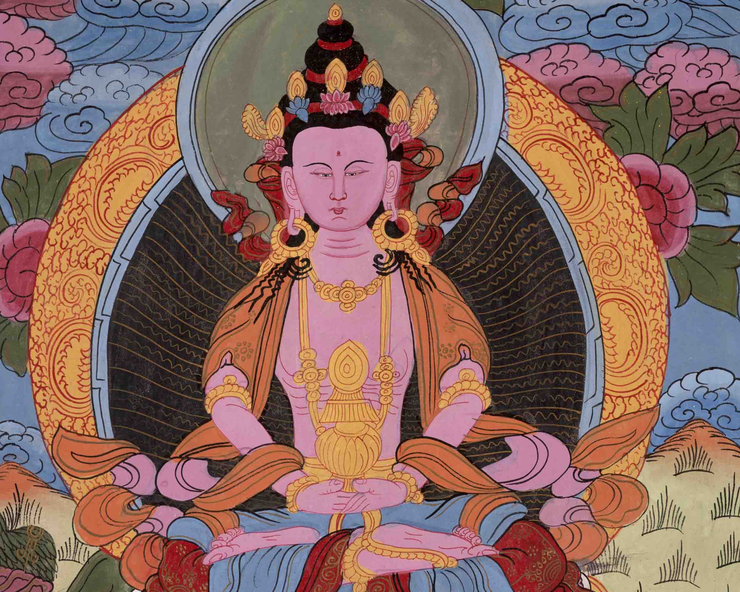 Vintage Amitayus Buddha Thangka | Religious Buddhist Art | Wall Decors