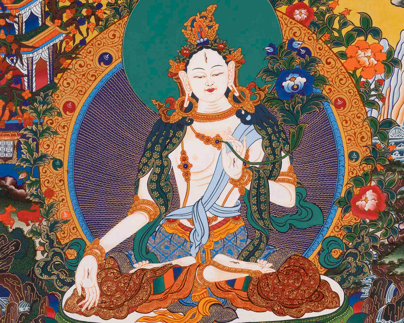 White Tara Thangka | Handpainted Female Bodhisattva | Wall Decors