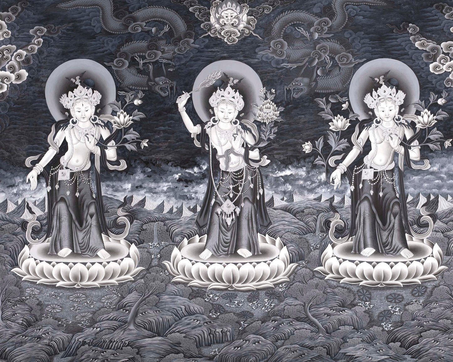 Bodhisattva Thangka Print | Manjushri, White Tara, Green Tara | Digital Decor