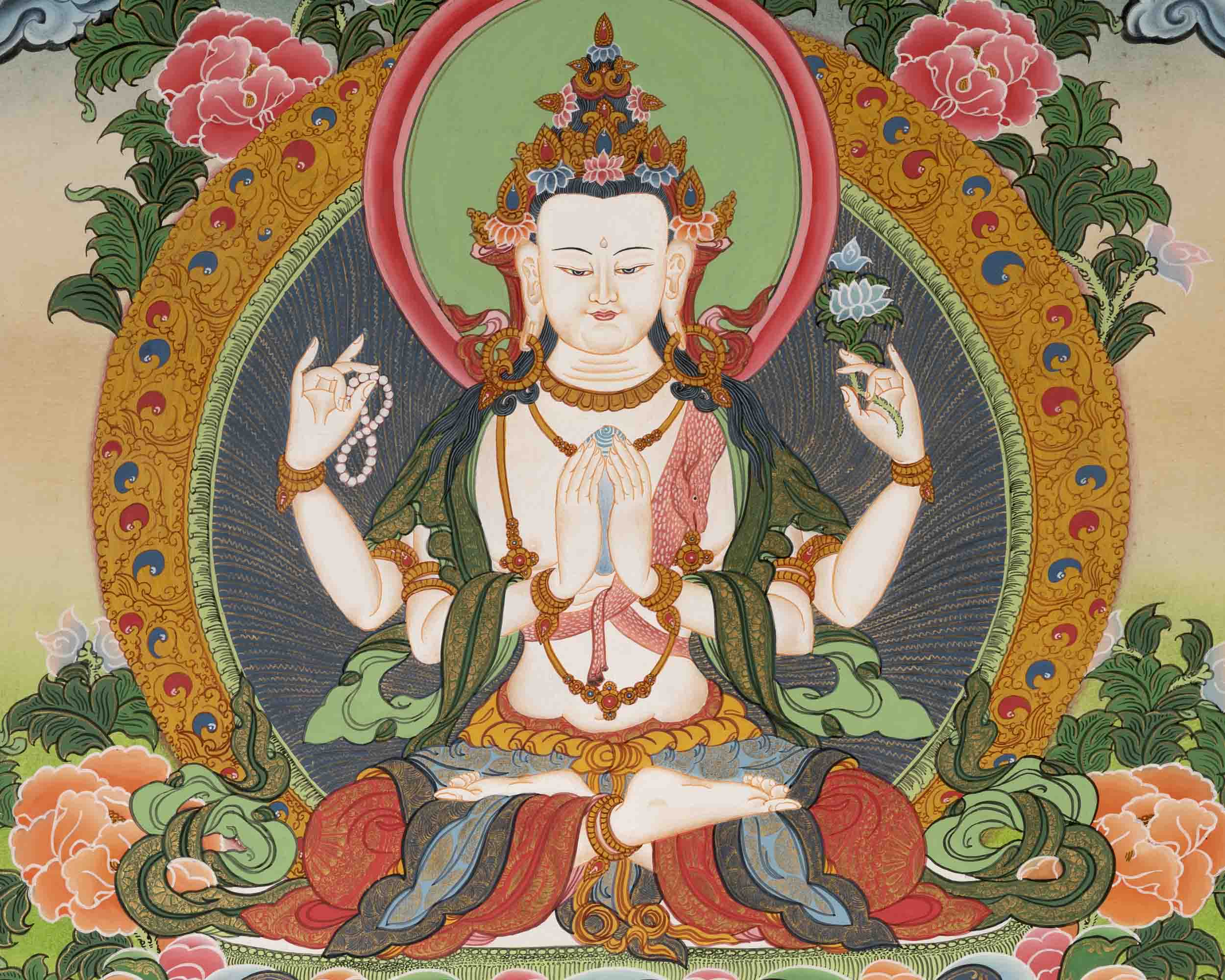 Avalokiteshvara Chengrezig | Bodhisattva Of Compassion | Traditional Tibetan Paint