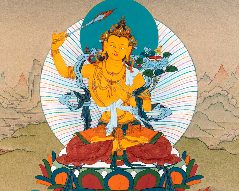 Manjushri With Chenrezig and Vajrapani Thangka | Tibetan Buddhist Thangka Painting