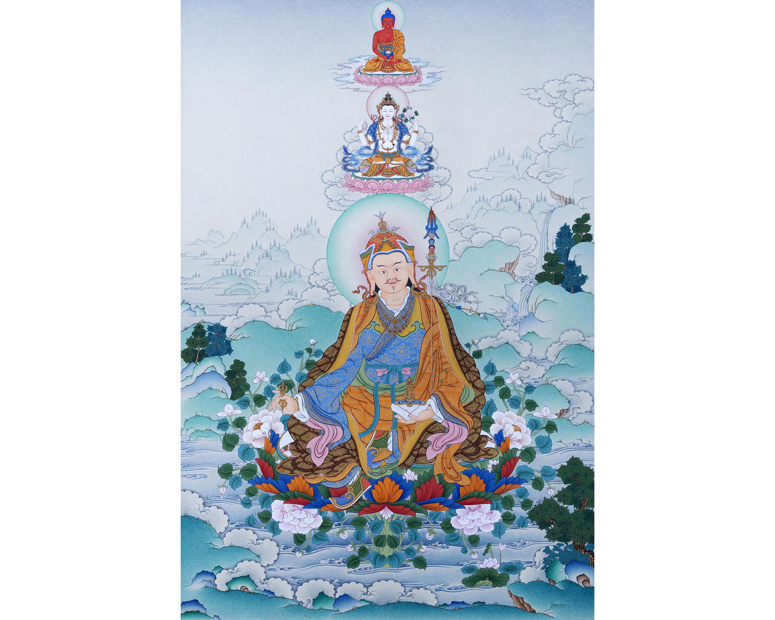 Guru Rinpoche with Chenrezig and Amitabha | Buddha Of Vajrayana  | Thangka