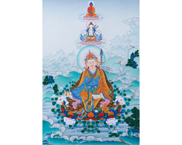 Guru Rinpoche with Chenrezig and Amitabha | Buddha Of Vajrayana  | Thangka