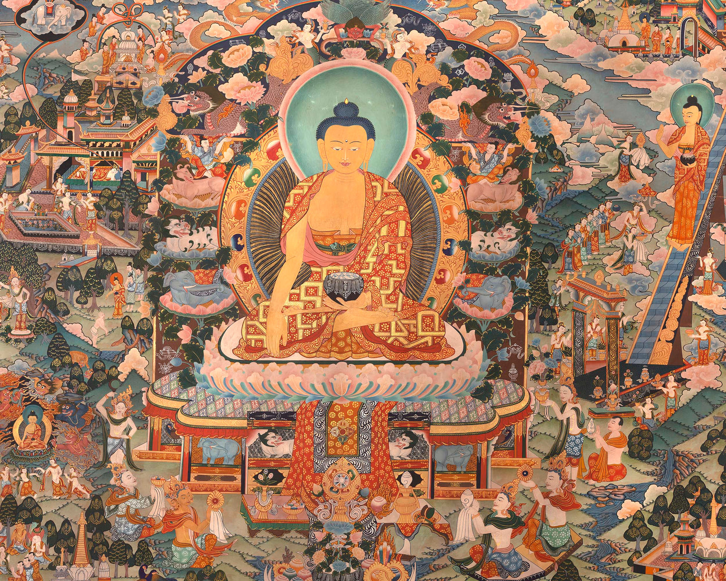 Shakyamuni Buddha Life Story | Vintage Original Hand-Painted Thangka