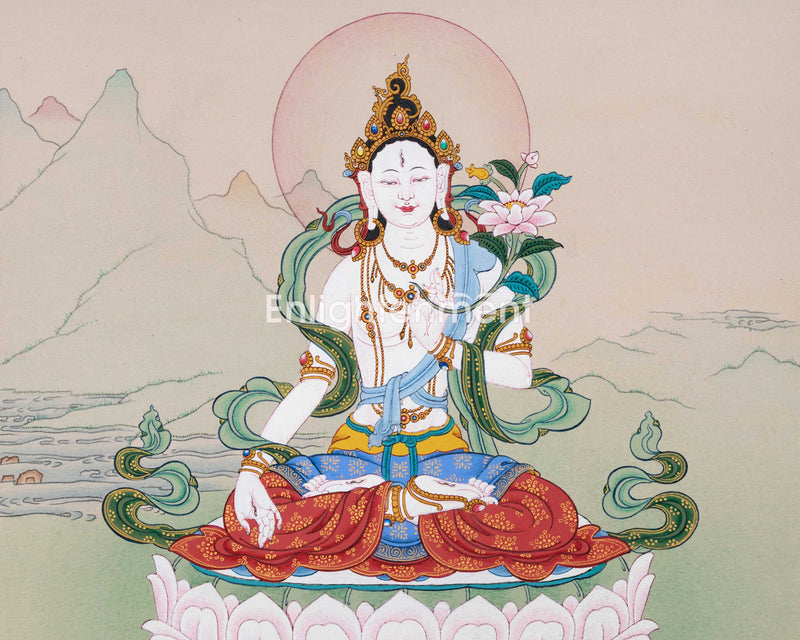 Thangka Of The Goddess of Compassion | Hand Painted White Tara Art | Spiritual Wall Decoration