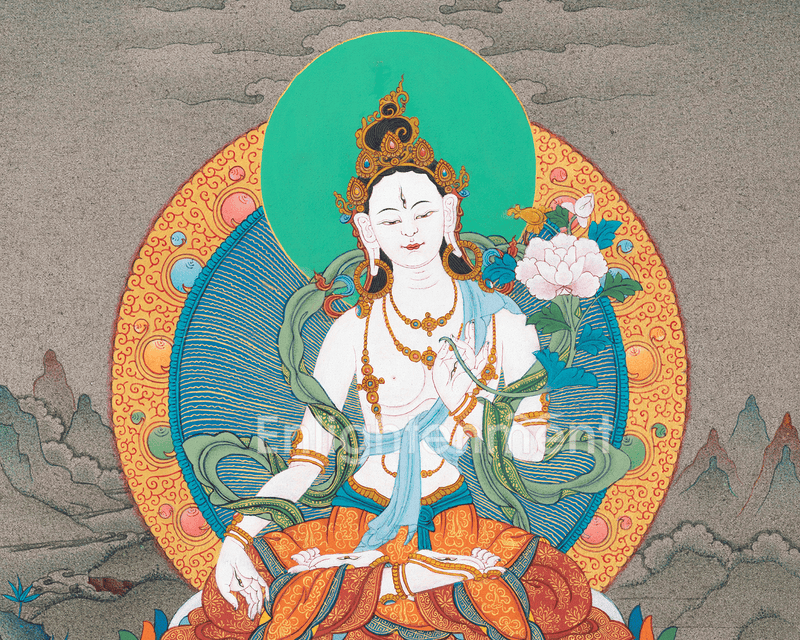 White Tara Goddess Artwork |  Handpainted Thangka for Tranquil Spaces | Wall Hanging Decor