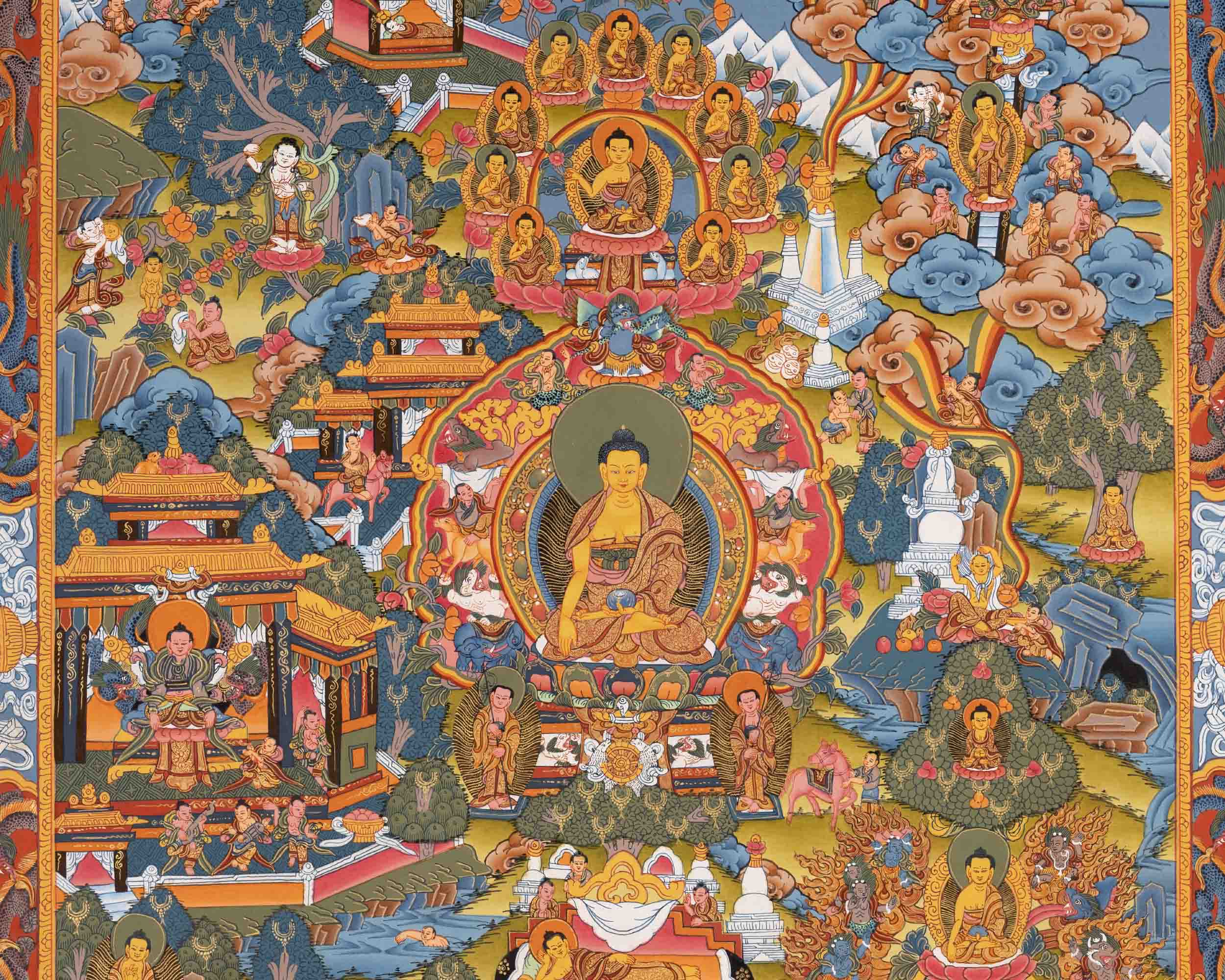 Buddha life Story Thangka | Vintage Hand-Painted Buddhist Art