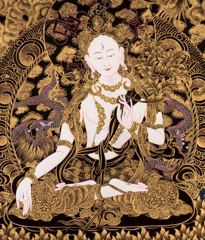 24K Gold White Tara Thangka | Female Bodhisattva | Tibetan Traditional Painting
