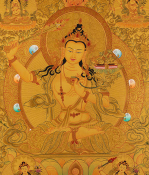 Gold Manjushree Thangka | Hand Painted Bodhisattva Art