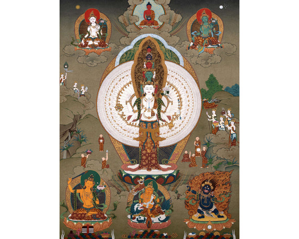 1000 Armed Chenrezig With Buddha and Bodhisattva | Avalokiteshvara Thangka Painting
