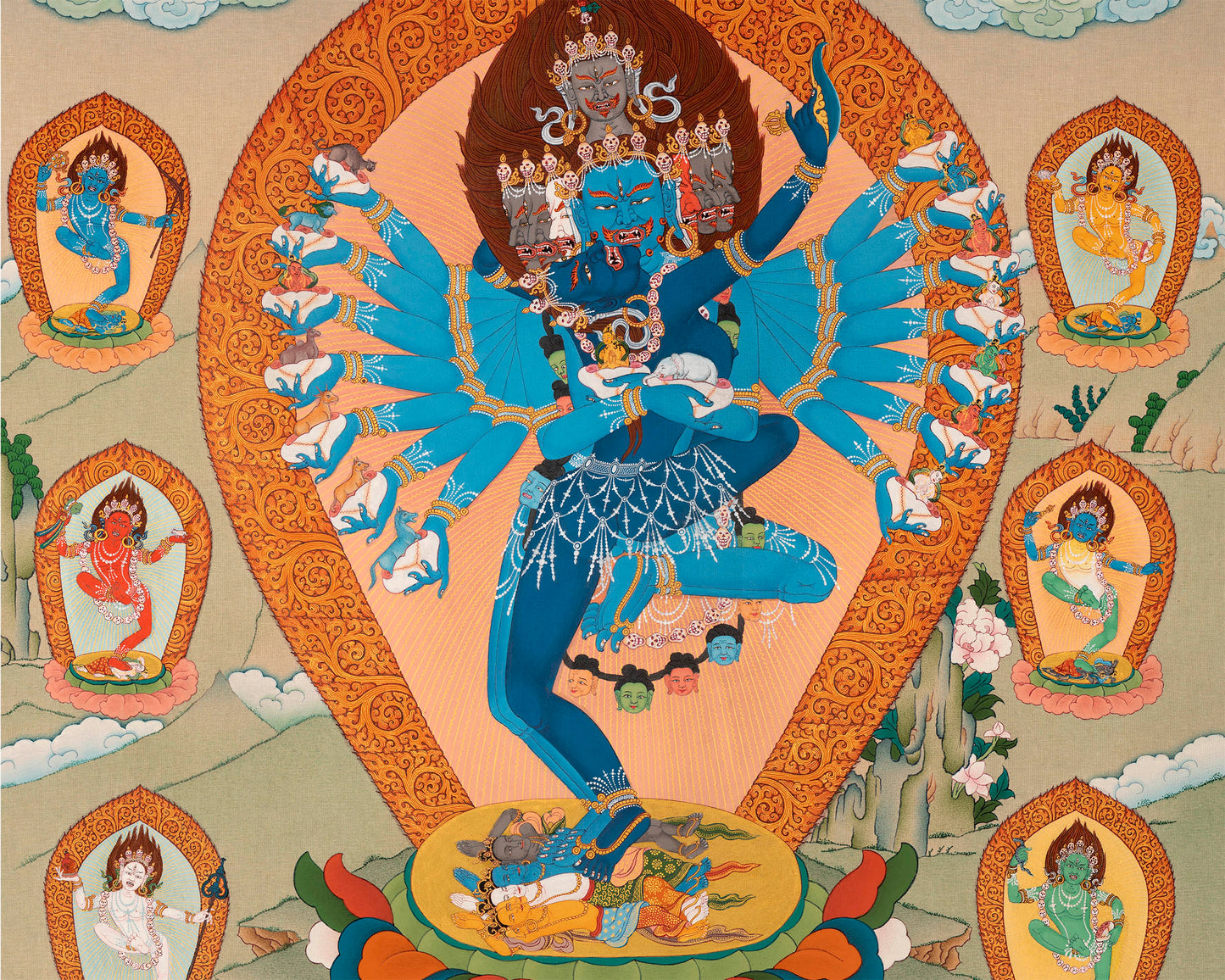 Hevajra with Vajra Nairatmya and the 8 Dakinis, Tibetan Thangka Painting