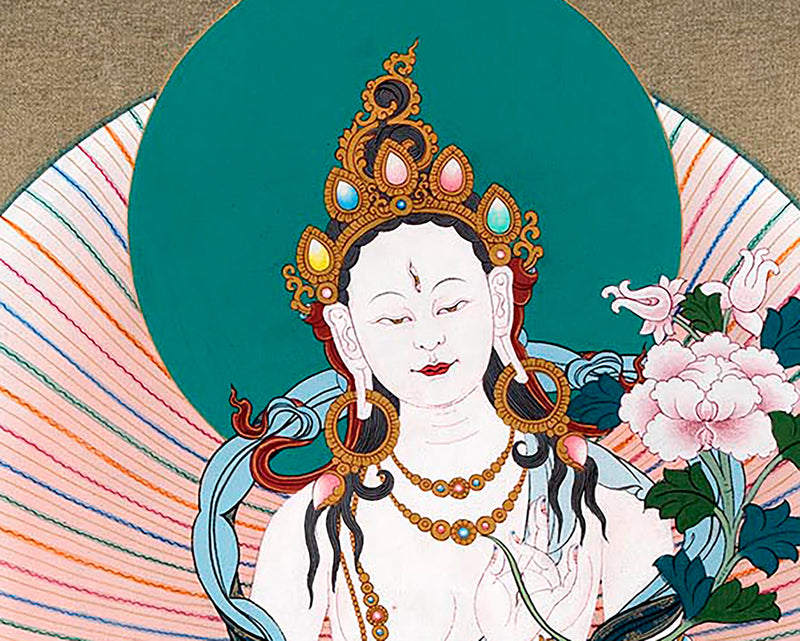 White Tara With Amitayus and Namgyalma Thangka | Long Life Deities | Tibetan Art