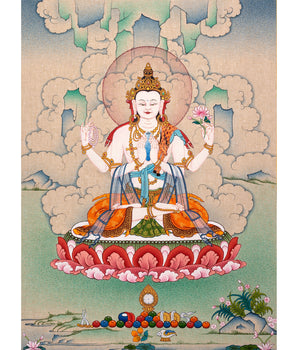 Chenrezig Thangka, 4 Armed Bodhisattva Avalokiteshvara ,Hand-painted Tibetan Painting