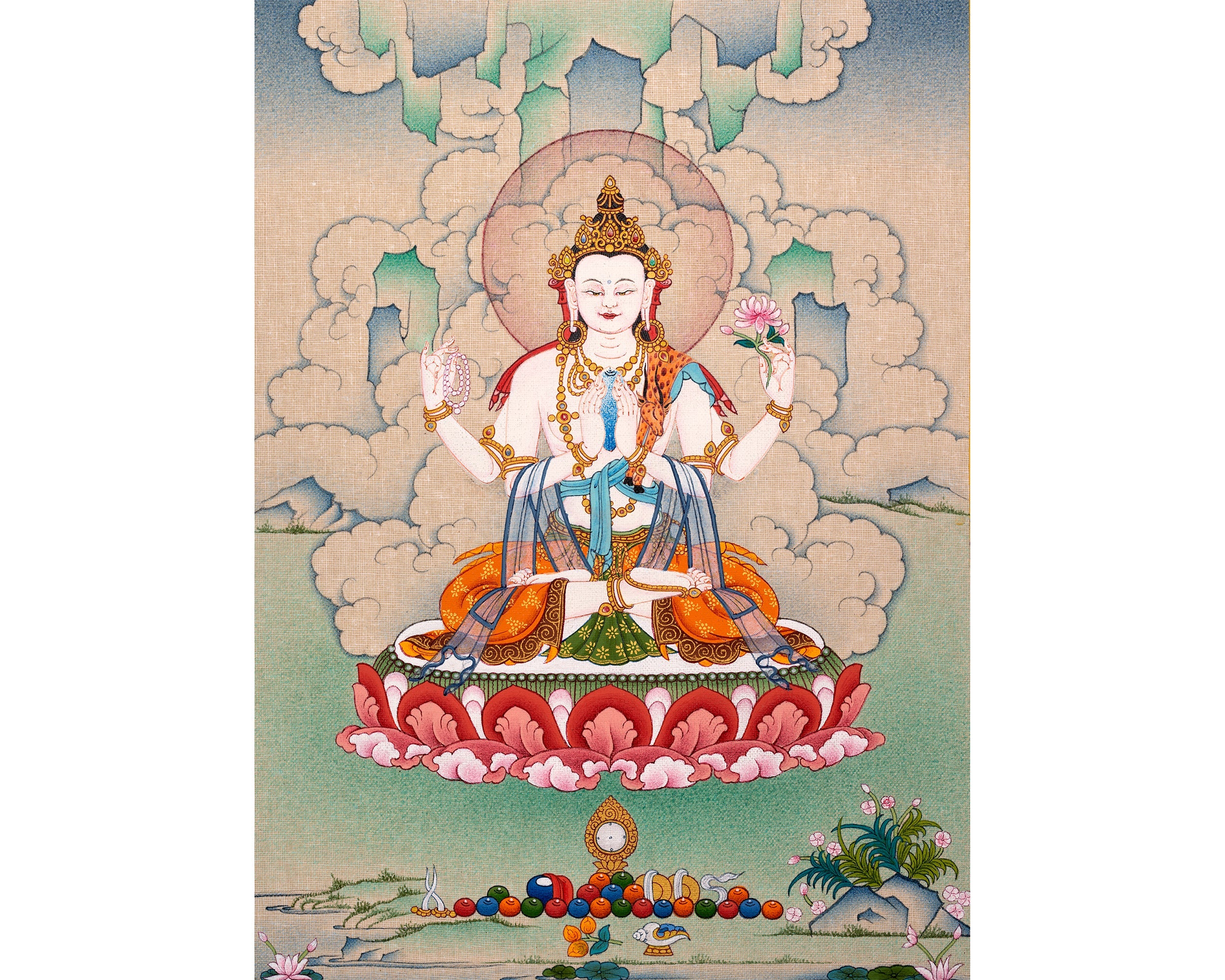 Chenrezig Thangka, 4 Armed Bodhisattva Avalokiteshvara ,Hand-painted Tibetan Painting