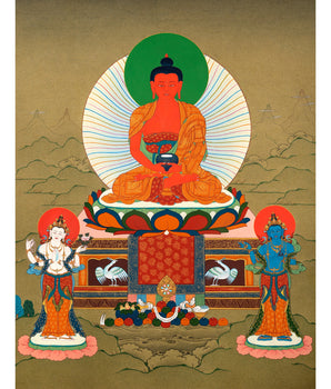 Amitabha Buddha, Chenrezig and Vajrapani | Hand Painted | Tibetan Thangka Art