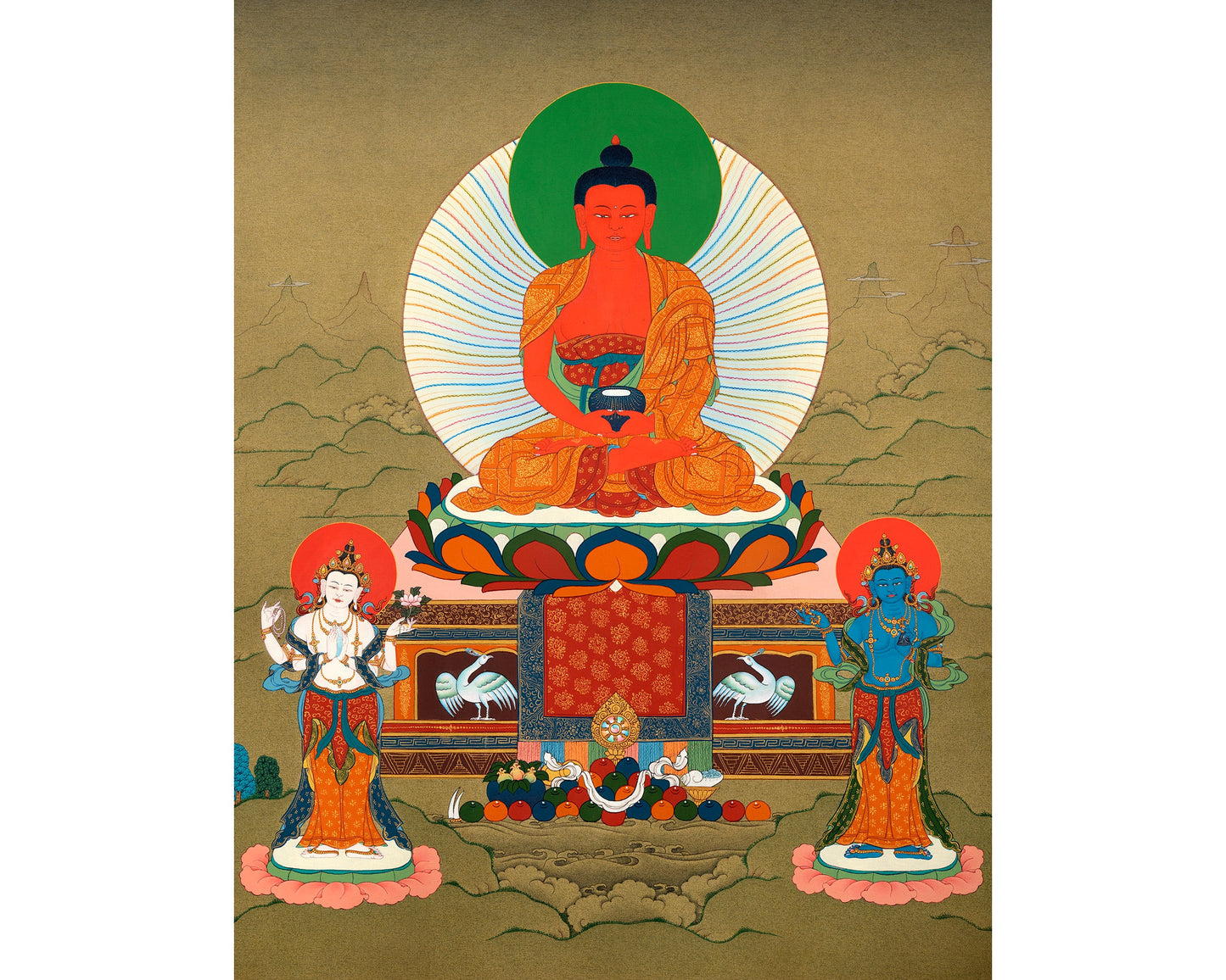 Amitabha Buddha, Chenrezig and Vajrapani | Hand Painted | Tibetan Thangka Art