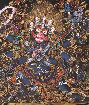 6 Armed Mahakala with Banarasi Silk Brocade  | Hand Painted Thangka Art