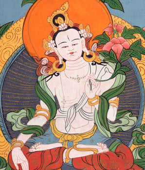 Vintage White Tara Buddhist Deity | Handmade Buddhist Thangka