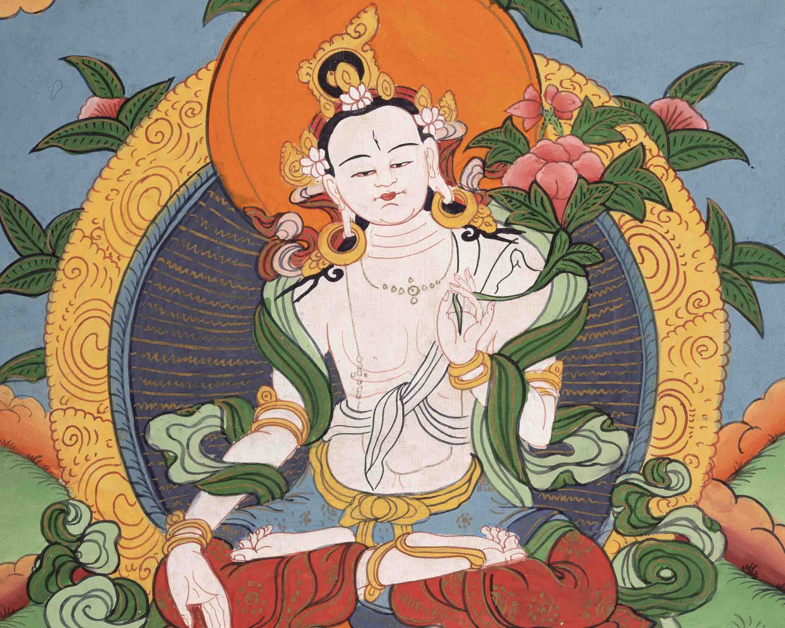 Vintage White Tara Buddhist Deity | Handmade Buddhist Thangka
