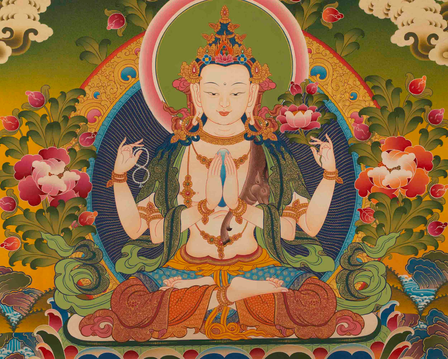 Chenresig Thangka | Followed By Mahalakala And Manjushree  | Religious Wall Decor