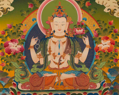 Chenresig Thangka | Followed By Mahalakala And Manjushree  | Religious Wall Decor