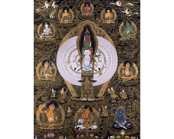 1000 Armed Chenrezig With Guru Rinpoche And Others | Tibetan Thangka Painting