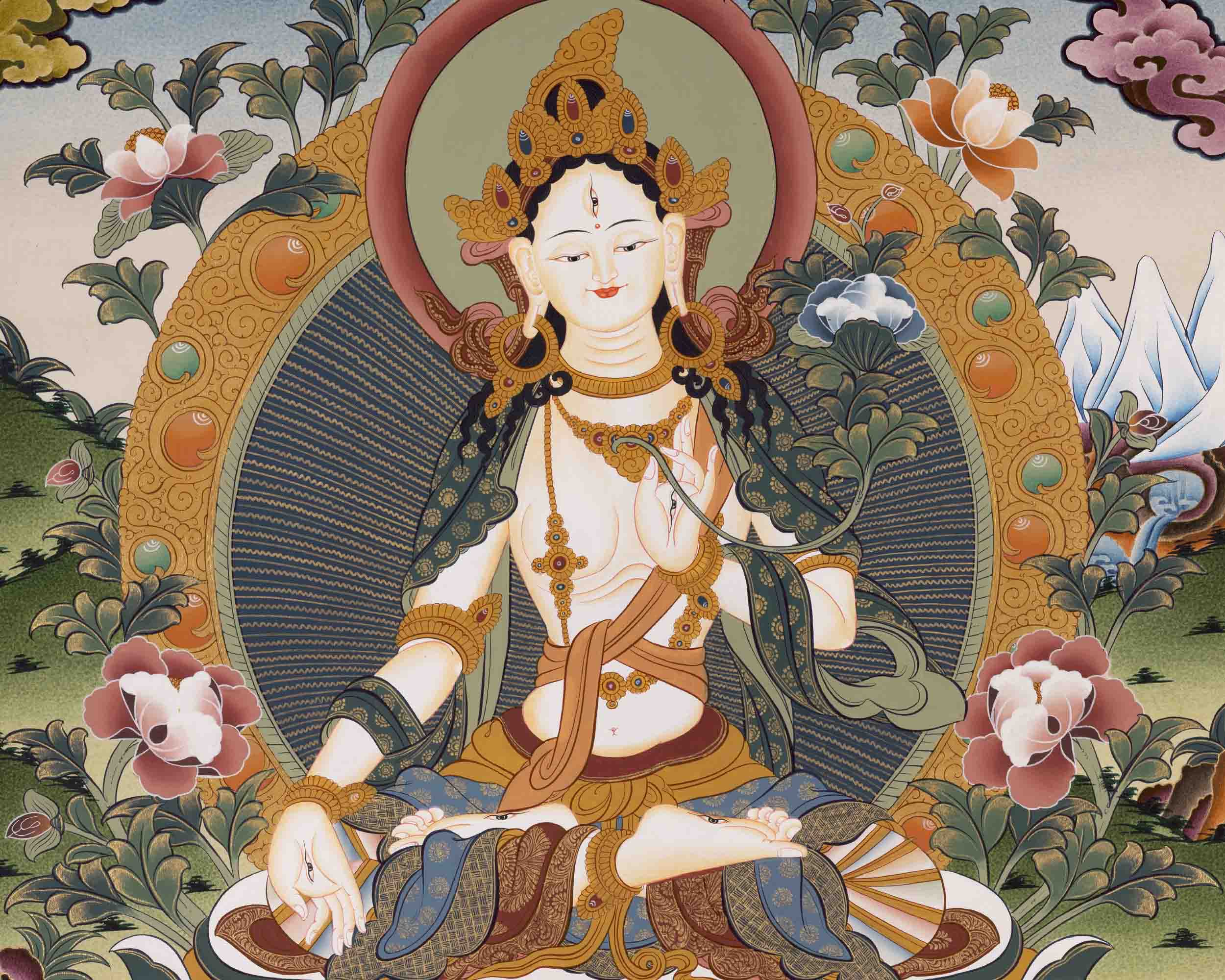 White Tara Thangka Painting | Female Bodhisattva | Decorative Art