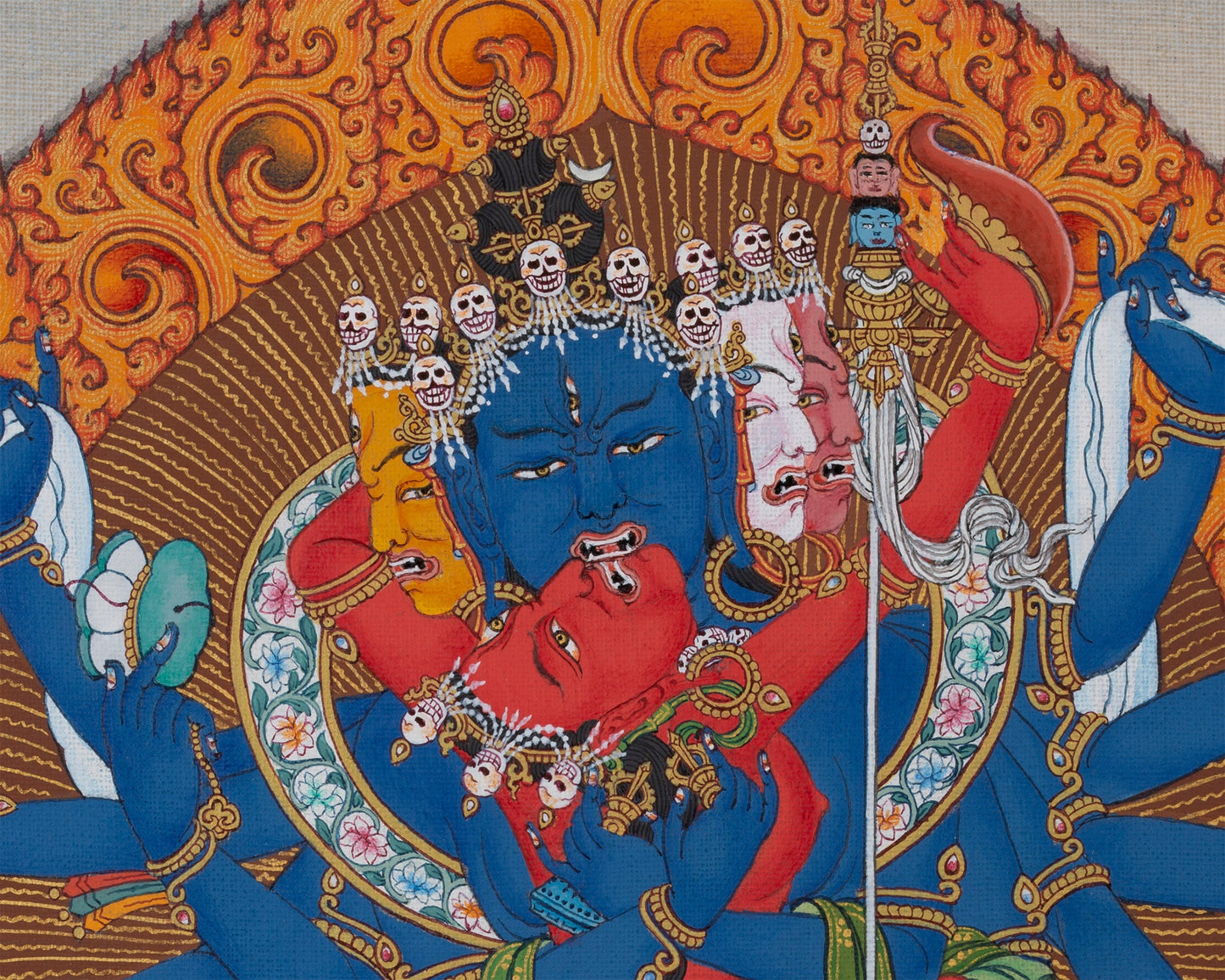 12 Armed Chakrasamvara- Vajravarahi, Tibetan Thangka Painting in Natural Stone Colors