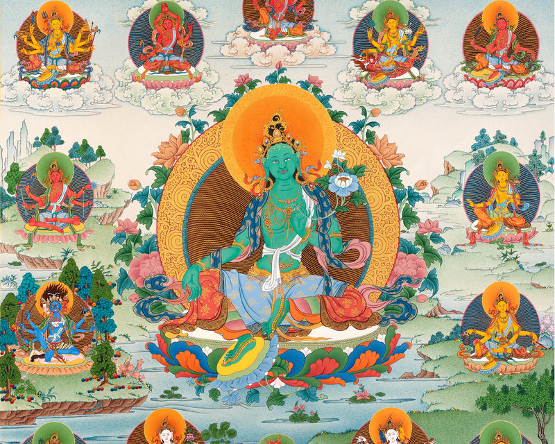 21 Tara of Suryagupta Tradition, Tibetan Thangka Print with Brocade