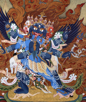 Vajrakilaya Thangka, Hand Painted Traditional Tibetan Wall Painting, Natural Stone colors and 24K Gold (includes Brocade)