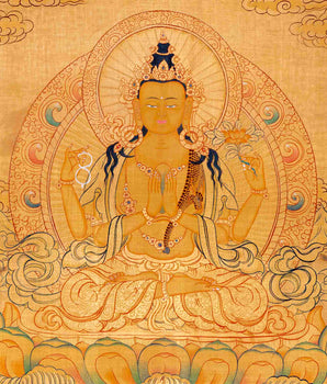 24K Gold Style Avalokitesvara Chengrezig Thangka | Wall Decor