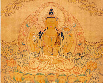 24K Gold Style Avalokitesvara Chengrezig Thangka | Wall Decor